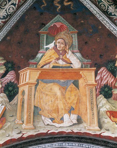 Paus Gregorius I, in de Kapel van Sint Margaretha van Antiochië, gewelf van het Heiligdom van Santa Maria Assunta (fresco) door Italian School