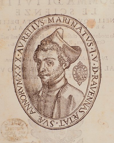 Portret van Aurelio Marinati. Pagina uit Somma di tutte le scienze door Italian School