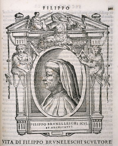 Portret van Filippo Brunelleschi (1377-1446) uit Vasaris Levens van de Kunstenaars, voor het eerst gepubliceerd in 1550 door Italian School