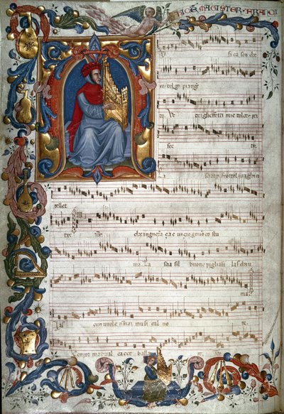 Portret van Francesco Landino en een muziekpartituur, illustratie uit 