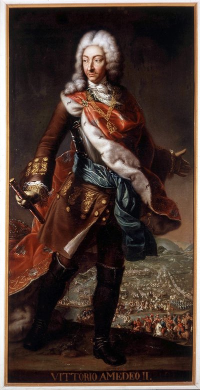 Portret van Vittorio Amedeo II di Savoia genaamd de Savoyse Vos (1666-1732) (Victor Amedee II of Victor-Amedee), Hertog van Savoye en Koning van Sicilië en daarna van Sardinië. Schilderij bewaard in Kasteel A. Racconigi door Italian School