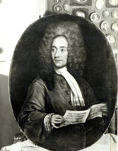 Portret van de componist Tomaso Giovanni Albinoni (1671-1751) met een muziekpartituur door Italian School