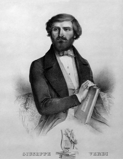 Portret van de Italiaanse componist Giuseppe Verdi (1813 - 1901) in 1844 met de partituur van de opera 