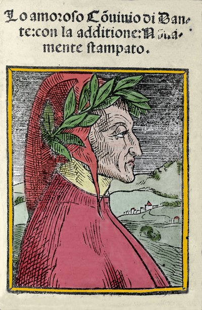 Portret van de Italiaanse dichter Dante Alighieri (1265-1321). Gravure. Frontispice van 