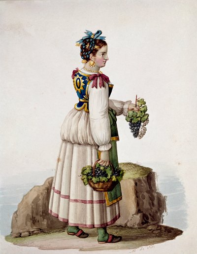 Portret van een jonge vrouw uit Capri, in traditionele kleding, met druiven door Italian School