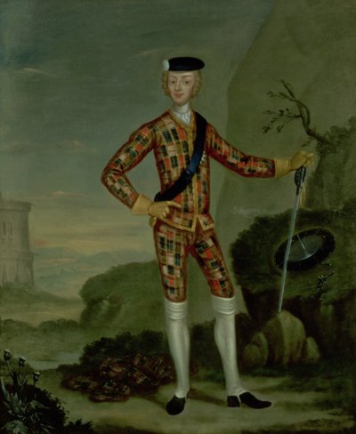 Prins Charles Edward (Bonnie Prince Charlie, 1720-88) in Tartan door Italian School