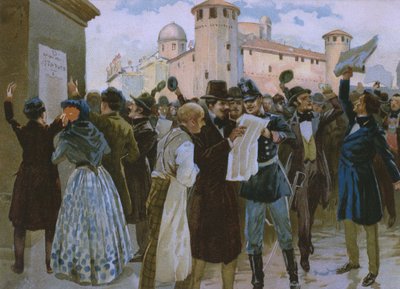 Proclamatie van de resultaten van het referendum van 4 maart 1848 voor Palazzo Reale in Turijn, illustratie uit een album over de geschiedenis van Risorgimento gemaakt voor de chocolade Talmone, eind 19e eeuw door Italian School