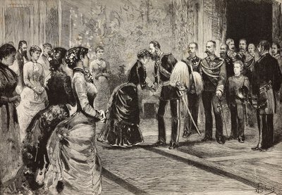 Koningin Margherita en Umberto I ontvangen kroonprins van Duitsland (toekomstige Frederik III) in Quirinale, Rome, Italië, gravure naar tekening van Dante Paolocci, uit L