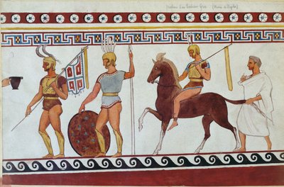 Reconstructie van grafschildering uit Paestum die Griekse voetsoldaten en cavalerie afbeeldt door Italian School