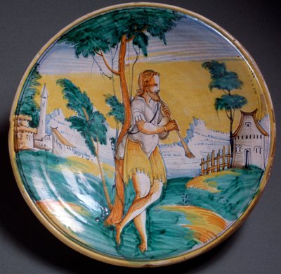 Renaissance kunst: bord versierd met een fluitspeler - Eind 16e eeuw Productie van Viterbo, Italië Florence, Museo Nazionale del Bargello door Italian School