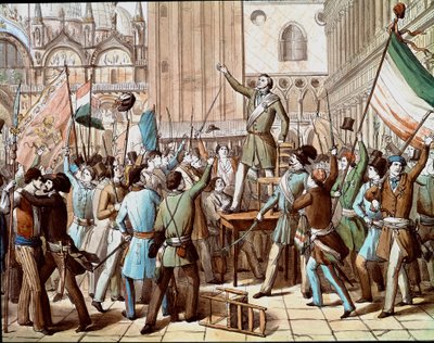 Voorstelling van Daniele Manin (1808-1857), politicus die de Venetiaanse revolutie tegen de Oostenrijkse aanwezigheid in 1848 leidde: de proclamatie van de Venetiaanse Republiek in maart 1848 door Italian School