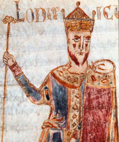 Afbeelding van Lodewijk I bekend als de Vrome of de Goedmoedige (778-840), zoon van Karel de Grote. Miniatuur uit Codex Legum Longobardorum beschrijvend de wetten van het Lombardische koninkrijk vastgesteld door koning Rothari door Italian School