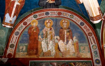 Voorstelling van Sint Stefanus, christelijke martelaar, Sint Thomas Becket (1118-1170), aartsbisschop van Canterbury en Sint Nicolaas van Myra of Bari (270-345) Anonieme fresco (13e eeuw) Lagere kerk. Klooster van Sint Benedetto (Sacro Speco), Subiaco (Rom door Italian School