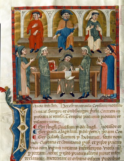 Voorstelling van een notarisstudiepagina uit Matricola del Consorzio dei Notai di Perugia (ms. 972) (Register van de Orde van Notarissen) 1343-1354 Perugia, Biblioteca Comunale Augusta door Italian School