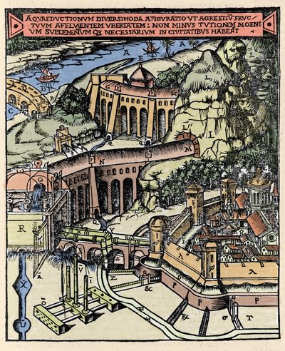 Voorstelling van een aquaduct. Gekleurde gravure uit 