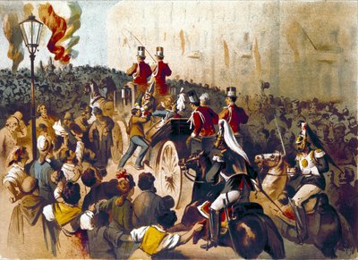 Weergave van de aanslag van Giovanni Passannante (1849-1910) tegen de Italiaanse koning Umberto I in 1878 in Napels. Dit evenement inspireerde de dichter Giovanni Pascoli (1855-1912) in een Ode. Gravure van de 19e eeuw door Italian School