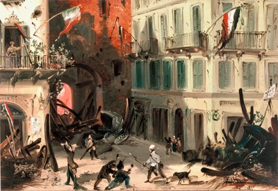 Revoluties van 1848, Vijf Dagen van Milaan: barricades bij Pusterla Beatrice poort op 22 maart door Italian School