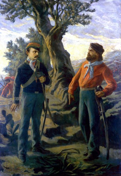 Risorgimento: Gerolamo Bixio genaamd Nino Bixio en Giuseppe Garibaldi bij de Slag om Calatafimi in Sicilië op 15/05/1860. Garibaldi roept tegen Bixio die voorstelt zich terug te trekken: 