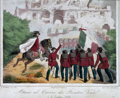 Risorgimento, Romeinse Republiek: de soldaten van het leger van Giuseppe Garibaldi proberen de villa van de Quattro Venti in Rome te heroveren op 03/06/1849 door Italian School