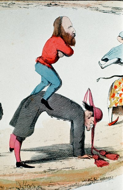 Risorgimento: satirische tekening die de helden van het Risorgimento Giuseppe Garibaldi (1807-1882) afbeeldt die de Romeinse kwestie regelt, een politieke controverse over de rol van Rome, zetel van de wereldlijke macht van de paus en hoofdstad van het nie door Italian School