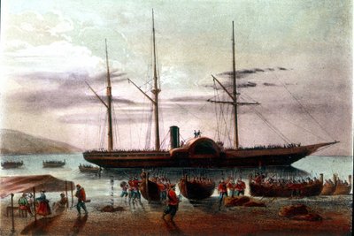 Risorgimento: het vertrek op 8/08/1860 van Giuseppe Missori, officier van het leger van Giuseppe Garibaldi (1807-1882), in de Straat van Messina richting het Fort van Villa San Giovanni. Illustratie uit de 19e eeuw door Italian School
