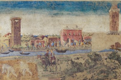 Rivier, torens en landelijk leven (detail), Hal van de Maanden, Onderste gedeelte: Levensscènes van het hof van Borso d