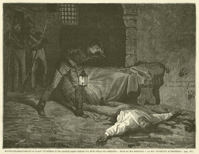 Ruffini sneed opzettelijk een slagader door en schreef met warm bloed op de muur van zijn gevangenis: "Hier is mijn antwoord, mijn wraak aan de broeders" (gravure) door Italian School