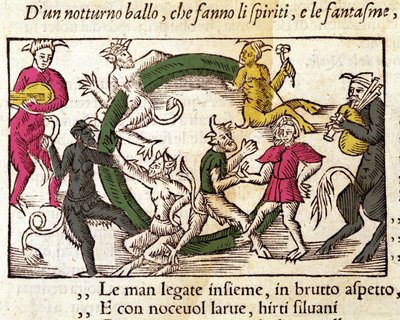 Sabbatceremonie met heksen. Gravure door Olaus Magnus (1490 - 1557), Zweedse religieuze en geograaf, 