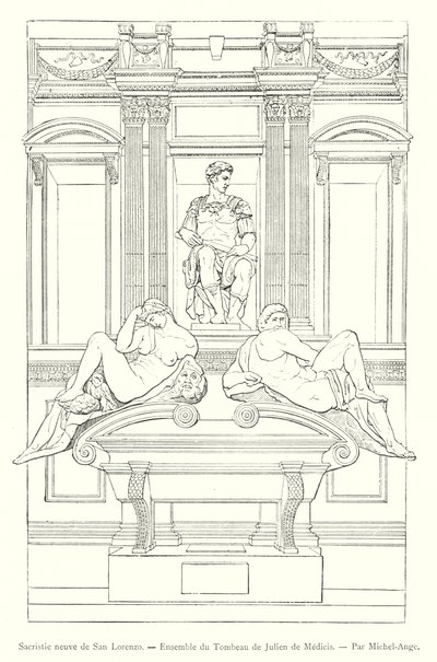 Nieuwe sacristie van San Lorenzo, geheel van het graf van Julien de Medicis, door Michelangelo (gravure) door Italian School