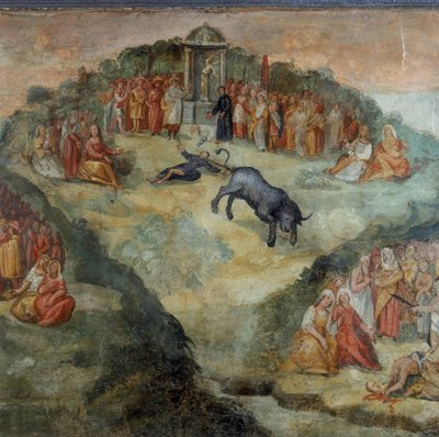 Sint Hippolytus gooit het wierookvat dat hem door Pontifex Battistellus is gegeven om te offeren aan Jupiter (detail) door Italian School