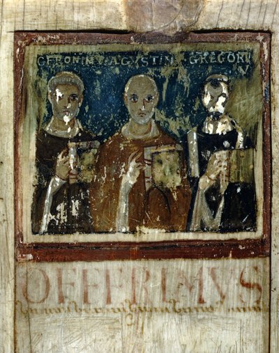 Sint Hiëronymus, Sint Augustinus (354-430), & Sint Gregorius I de Grote (540-604), Detail van het Diptiek van Boece, c.487 door Italian School