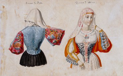 Sardijnse kostuums uit Bitti en Osini, prent ms. 257, Cominotti Collectie door Italian School