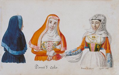 Sardijnse kostuums uit Osilo en Milis, prent ms. 258, Luzzetti Collectie door Italian School