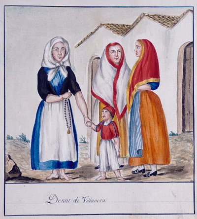 Sardijnse kostuums van Villanova, prent ms. 258, Luzzetti Collectie door Italian School