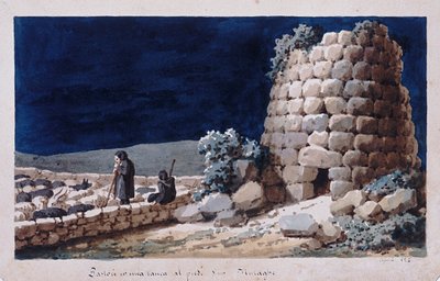 Sardijnse herders bij een nuraghe, prent ms. 257, Cominotti Collectie, ca. 1825 door Italian School