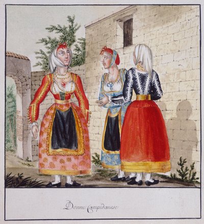 Sardijnse vrouwen in kostuums uit Campidano, gedrukt ms.258, Luzzetti Collectie door Italian School