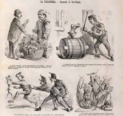 Satirische cartoon gewijd aan de wijnbouwcrisis veroorzaakt door phylloxera, illustratie uit satirische krant Spirito Folletto, 18 september door Italian School