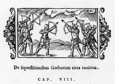 Scandinaviërs die hun pijlen gebruiken om de donder af te weren, uit Historia de Gentibus Septentrionalibus door Olaus Magnus (1490-1557) gepubliceerd in Rome, 1555 door Italian School
