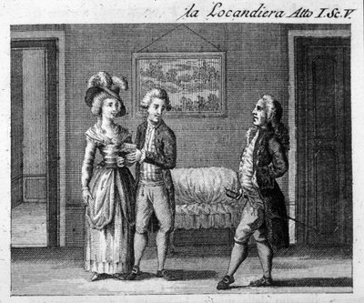 Scène 5 van Acte I van het stuk "La locandiera" (1753) door Carlo Goldoni (1707-1793). Gravure uit de 18e eeuw door Italian School