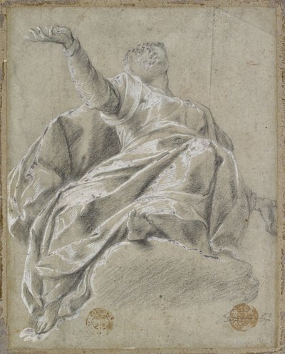 Zittende vrouwelijke figuur op een wolk, omhoog kijkend door Italian School