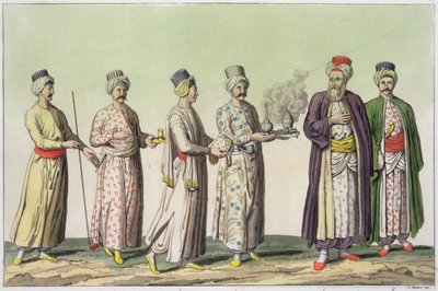Dienaren dragen een pijp, een vaas met snoep, koffie, een vuurpot en een kruik rozenwater, plaat 57 uit Deel III, Volume I van 