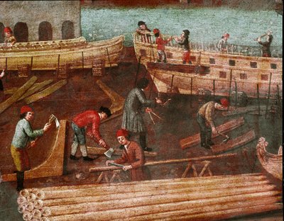 Scheepswerf in het arsenaal van Venetië (detail) door Italian School
