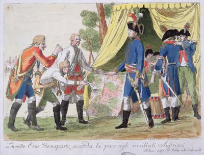 Ondertekening van het Verdrag van Campo Formio tussen Frankrijk (vertegenwoordigd door Bonaparte) en Oostenrijk (vertegenwoordigd door Cobenzl) in 1797 door Italian School
