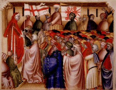 Plechtige bijeenkomst van de podestat - in “Chronica de Carrariensibus” door Italian School