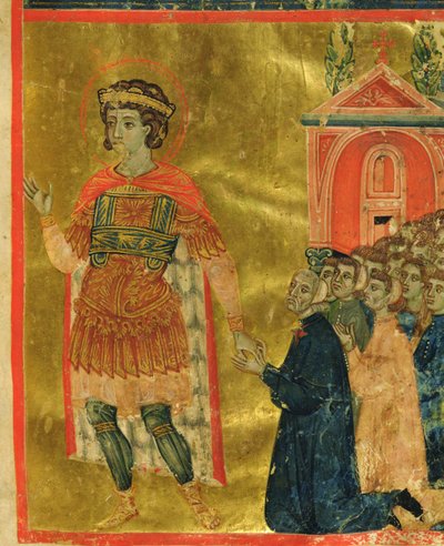 Enkele broeders bidden tot St. Theodore, uit een Mariegola, 1350 door Italian School
