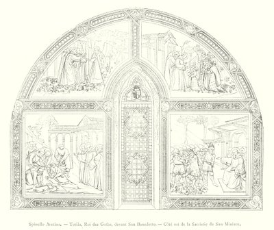 Spinello Aretino, Totila, Koning der Goten, voor San Benedetto, oostkant van de sacristie van San Miniato (gravure) door Italian School