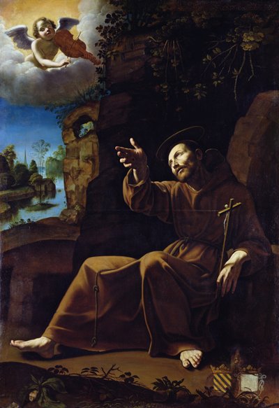 St. Franciscus van Assisi getroost door een engel-muzikant door Italian School
