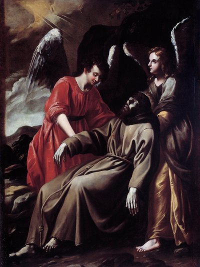 Sint-Franciscus van Assisi getroost door de engelen na het ontvangen van de stigmata door Italian School