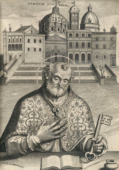 St. Pieter voor de Sint-Pietersbasiliek uit Septem Urbis Ecclesiae Primariae, pub. 1599 door Italian School