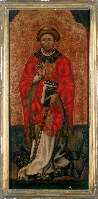 St. Philipus die op een demon stapt, schilderij op hout uit de 15e eeuw door Italian School